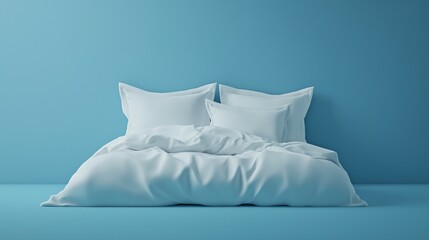 Poster - White blanket and pillow and bedding on a blue