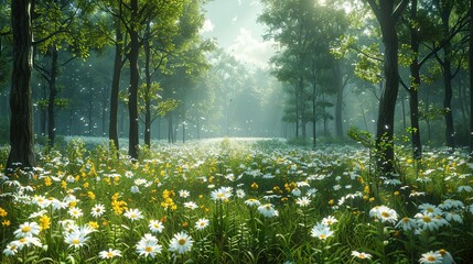 Poster - Sunlit Forest Meadow with Blooming Daisies - 3D Illustration