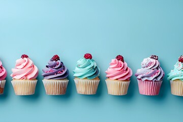 Tasty cupcakes with colorful cream on blue background. Raspberry, chocolate, cherry and blueberry. Confectionery menu. Sweet dessert for event, party, birthday. Flat lay, top view with copy space