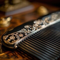 Close-up image of an intricately detailed, vintage music box with thin metal tines, showcasing beautiful ornate floral engravings on a dark, polished wooden surface