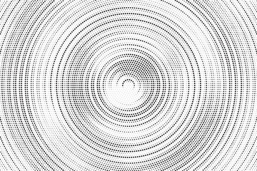 Poster - Radial halftone gradient background. Dotted concentric texture with fading effect. Black and white circle shade wallpaper. Grunge rough vector. Monochrome backdrop	