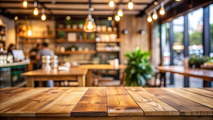 Poster - Empty wooden table with room for product display in blurred cafe background , cafe, wood, empty, table, display