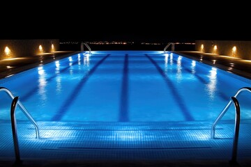 Illuminated Swimming Pool at Night with City Lights in the Distance