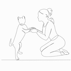 Wall Mural - One continuous single drawn line art doodle vector, dog, cute, illustration, girl. isolated image hand-drawn contour on a white background