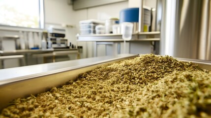Poster - Freshly harvested hemp plant material being carefully prepared for extraction process in a clean organized laboratory setting  The hemp plants are laid out on a table showcasing the green