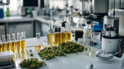 Poster - Freshly harvested hemp plant material being carefully prepared for extraction in a clean organized laboratory setting  The hemp leaves and stems are neatly arranged on a smooth surface