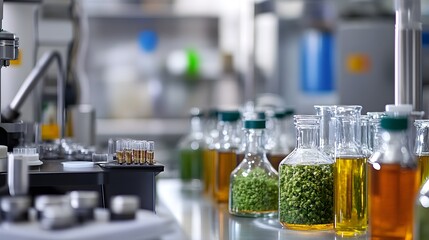 Poster - Detailed view of a small batch hemp extraction process taking place in a specialized laboratory setting showcasing the glassware heating elements
