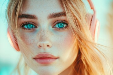 Vibrant portrait of a young woman with blonde hair and blue eyes wearing pink headphones, smiling confidently under the summer sun. Perfect for lifestyle and music-related themes.