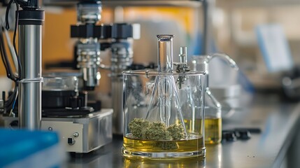 Poster - A close up view of a small scale hemp extraction process taking place in a laboratory setting