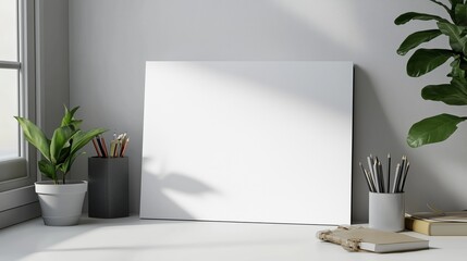 Aufkleber - A blank canvas and stationery on a minimalist desk with plants in a sunlit room