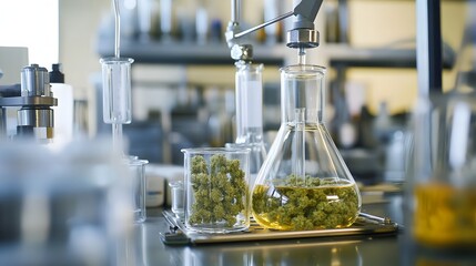 Poster - A photograph showcasing a small scale hemp extraction process taking place in a laboratory setting with various glassware and heating elements visible