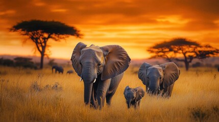 Wall Mural - Elephants at Sunset