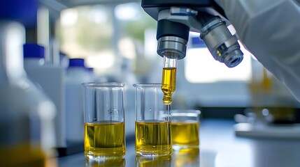 Poster - Technician Carefully Examining Hemp Oil in Laboratory Setting A professional technician using specialized lab equipment to test and analyze the potency and purity of extracted hemp oil