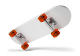 A skateboard with orange wheels is shown in mid air
