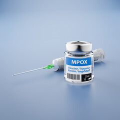 Wall Mural - Vaccination against Mpox / Monkeypox - A vial with vaccination and a syringe behind it.