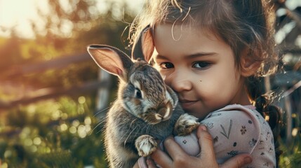 Wall Mural - Little girl hugging a rabbit in the sunset.