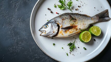 Grilled fish with lime on white plate, concept of fresh seafood, food background