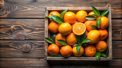 Wall Mural - Fresh ripe oranges with leaves in wooden box on table, top view, oranges, fresh, ripe, wooden box, leaves, table, top view