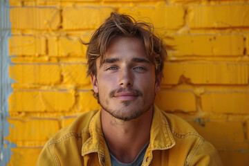 Wall Mural - Smiling young man against bright yellow brick wall background