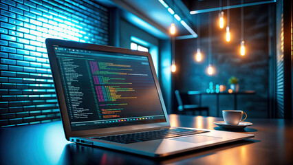 A sleek laptop displaying code, set against a glowing blue brick backdrop. Perfect for technology blogs, programming courses, software development ads, and tech startup presentations.