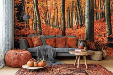 Cozy living room featuring autumn decor, warm colors, and a nature-inspired wall mural of a vibrant forest.