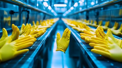 Poster - photograph of a factory assembly line producing rubber gloves with rows of gloves being formed cured