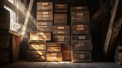 A stack of neatly arranged wooden crates, each labeled with old shipping marks, placed in a dimly lit storage room filled with cobwebs and dust