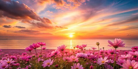 Pink flowery horizon with a beautiful sunset in the background, pink, flowery, horizon, sunset, nature, landscape, scenic