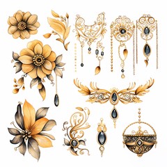 Wall Mural - Intricate gold and blue jewel designs with intricate floral and ornate patterns.