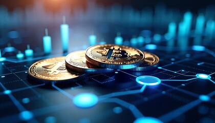 Poster - Cryptocurrency and Blockchain Concept - Glowing Blue Lights and Digital Coins with Cyberpunk City Skyline