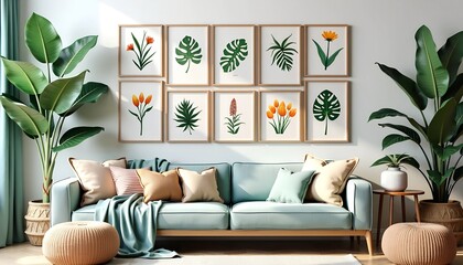 Fototapete - Minimalist Botanical Art Collection - Three-Panel Painting with Modern Vases and Muted Red, Blue, Cream Tones