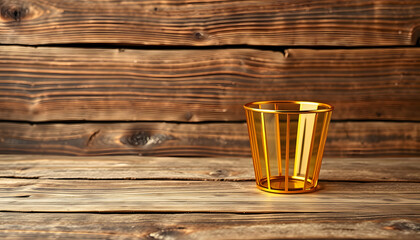 Golden metal glasses on old wooden table background isolated with white highlights, png