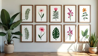 Fototapete - Minimalist Botanical Art Collection - Three-Panel Painting with Modern Vases and Muted Red, Blue, Cream Tones