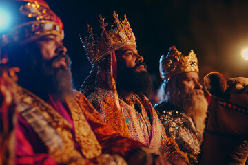 Three wise men in ornate robes and crowns during night procession