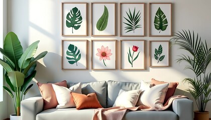 Fototapete - Minimalist Botanical Art Collection - Three-Panel Painting with Modern Vases and Muted Red, Blue, Cream Tones
