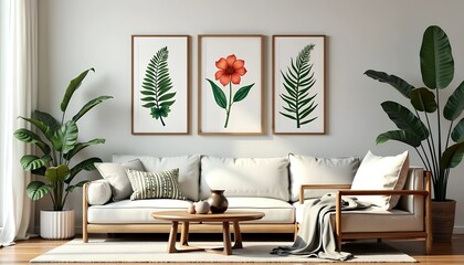 Fototapete - Minimalist Botanical Art Collection - Three-Panel Painting with Modern Vases and Muted Red, Blue, Cream Tones