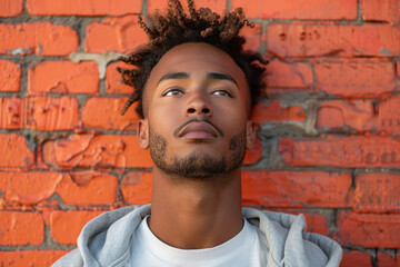 Thoughtful young man looking up against brick wall background