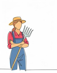 Single continuous line drawing of young female farmer cross arm on chest while holding farm fork. Professional work job occupation.