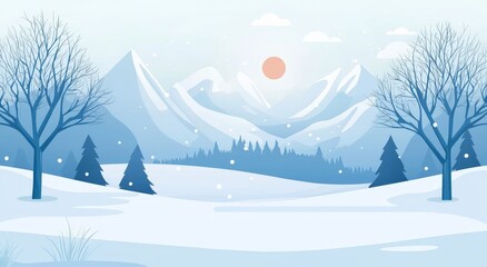 Poster - Illustration of a winter snowy mountain landscape with hills and pines in the winter