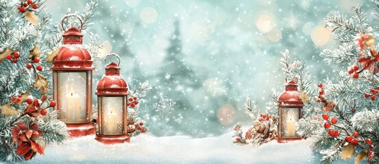 Sticker - Winter Decoration Background with Christmas Lantern On Snow With Fir Branch In Sunlight.