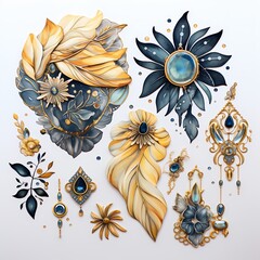 Wall Mural - Intricate gold and blue jewel designs with intricate floral and ornate patterns.