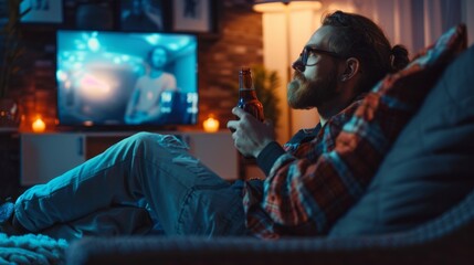 Poster - A person reclines comfortably on a couch, savoring a drink and lost in a captivating show illuminated by soft lights and flickering candles