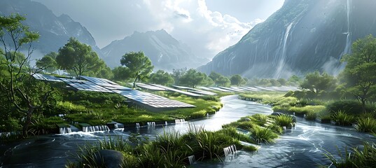 Wall Mural - A serene landscape with a river flowing through solar panel fields and mountains in the background