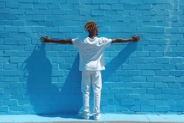 Young man in white outfit embracing blue brick wall