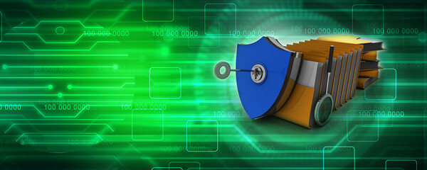 Poster - laptop folder with shield. Isolated 3d rendering image
