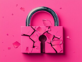 A pink padlock shattered into pieces against a pink background. The lock is broken and the pieces are scattered around.