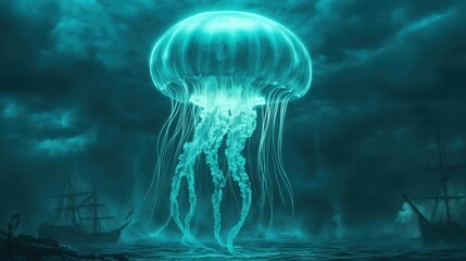 Wall Mural - Giant glowing jellyfish floating above haunted pirate ship in dark stormy ocean night