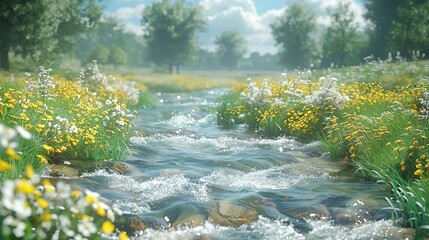 Poster - Stream Flowing Through Field of Flowers - 3D Illustration