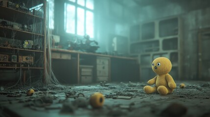 Wall Mural - Small yellow toy sitting alone in eerie abandoned workshop covered in dust and cobwebs