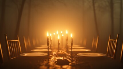 Wall Mural - Candlelit dinner table in foggy forest for a haunted Halloween feast with eerie glow